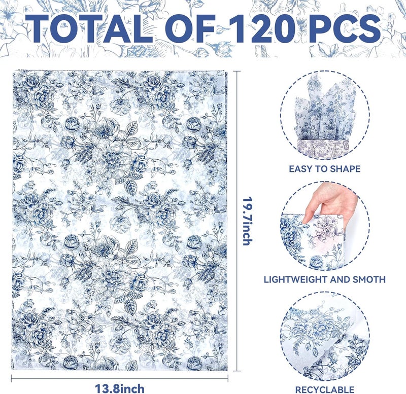 EROMAP 120 Sheets Blue Floral Tissue Paper Chinoiserie Gift Wrapping Paper Vintage Blue White Flowers Packaging Patterned Bulk for Baby Shower Wedding Birthday Party Decor, 14 x 20 Inch - Image 2